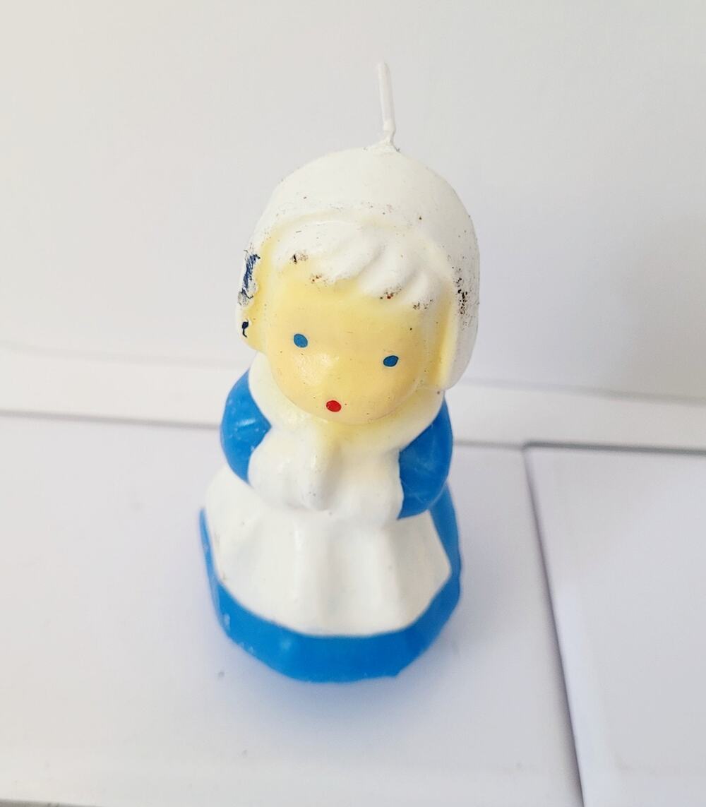 Gurley Candle Pilgrim Girl Blue Dress Praying Vintage Thanksgiving Decor Unlit